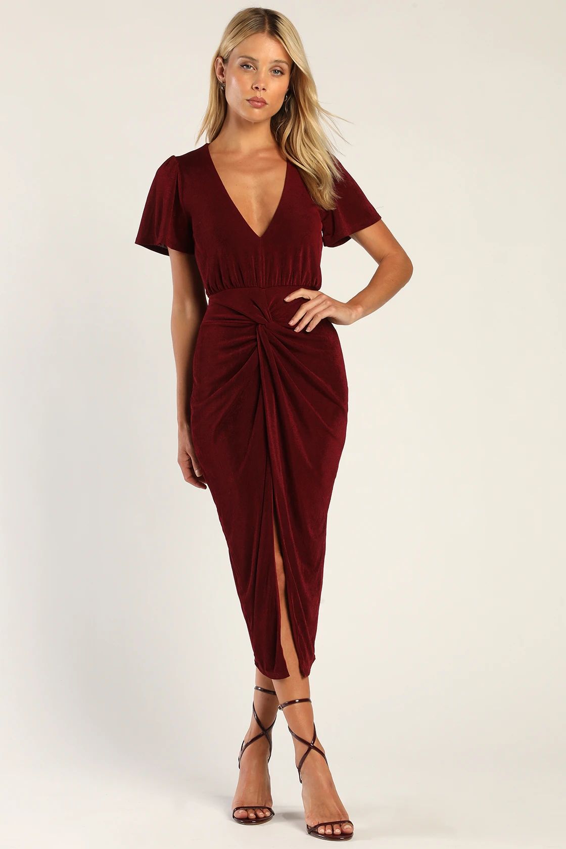 Dash of Charm Burgundy Short Sleeve Twisted-Front Midi Dress | Lulus (US)