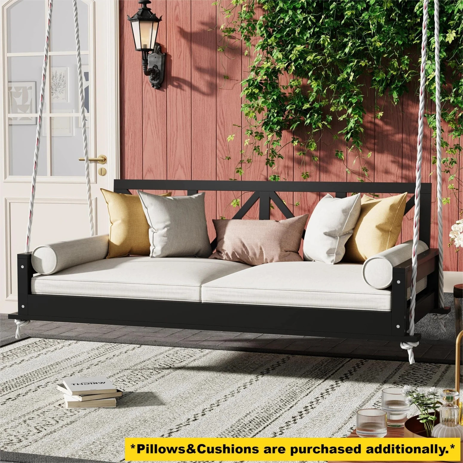 Patio Twin Size Swing Bed, A-cacia Wood Porch Swing Daybed with Hemp Ropes, Safe Sloped Design, P... | Walmart (US)