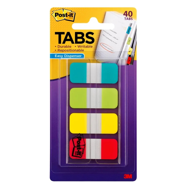 Post-it Tabs, .625", Aqua, Lime, Yellow, Red, 10/Color, 40/Dispenser | Walmart (US)