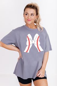 Baseball Bow Grey Oversized Graphic Tee | Pink Lily