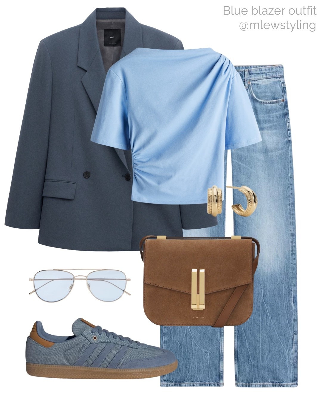 Spring outfit with a blue blazer 🐟

Tags: elevated outfit, H&M draped T-shirt, Zara straight leg jeans, DeMellier suede shoulder bag, denim adidas samba sneakers, blue aviator sunglasses, gold hoop earrings 

#LTKootd #LTKSeasonal #LTKWorkwear