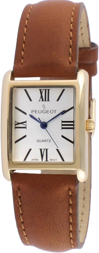 Peugeot Women's 14K Gold Plated Tank Leather Dress Watch with Roman Numerals Dial | Amazon (US)