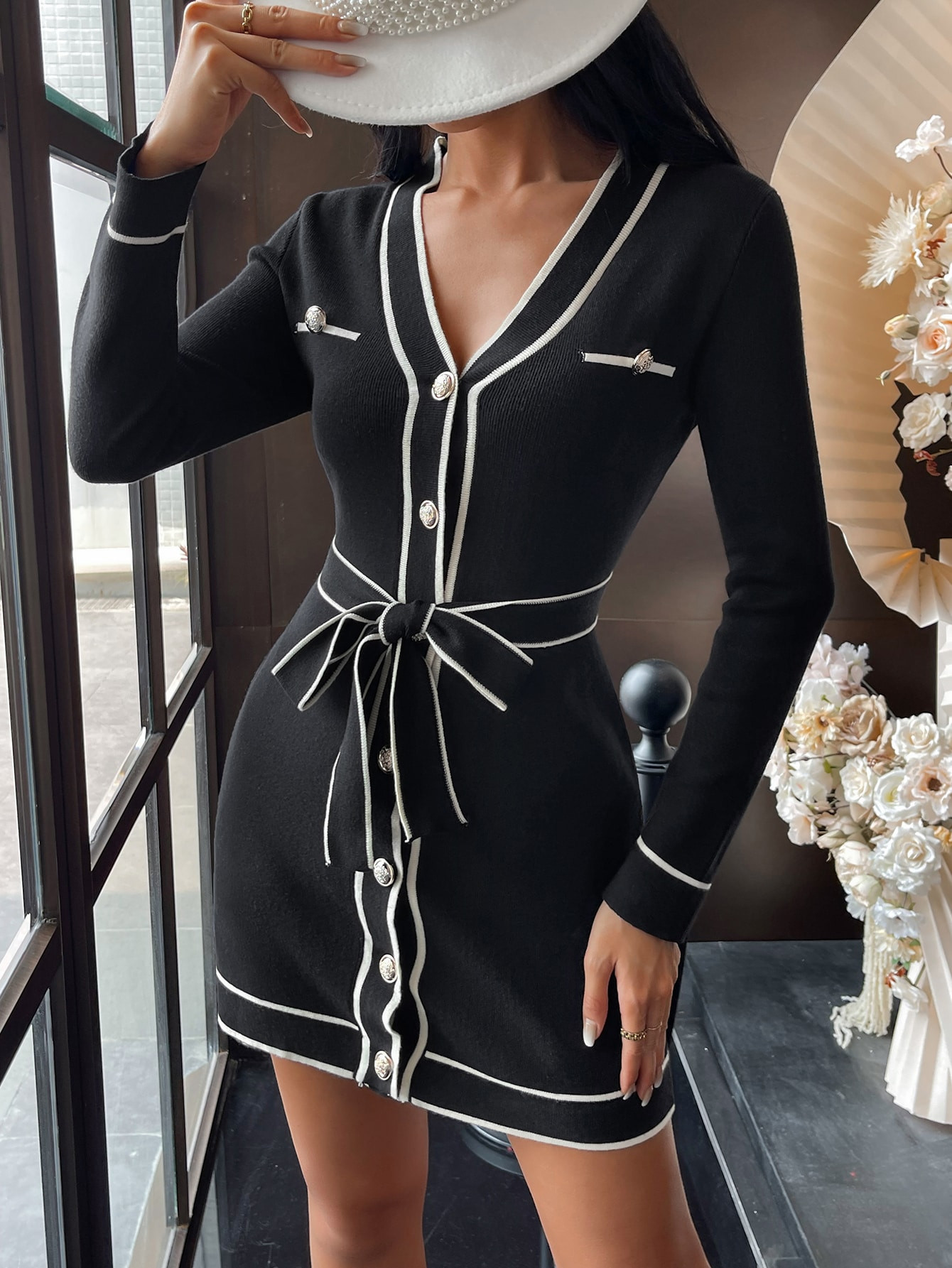 SHEIN Clasi Contrast Piping Single Breasted Belted Sweater Dress | SHEIN