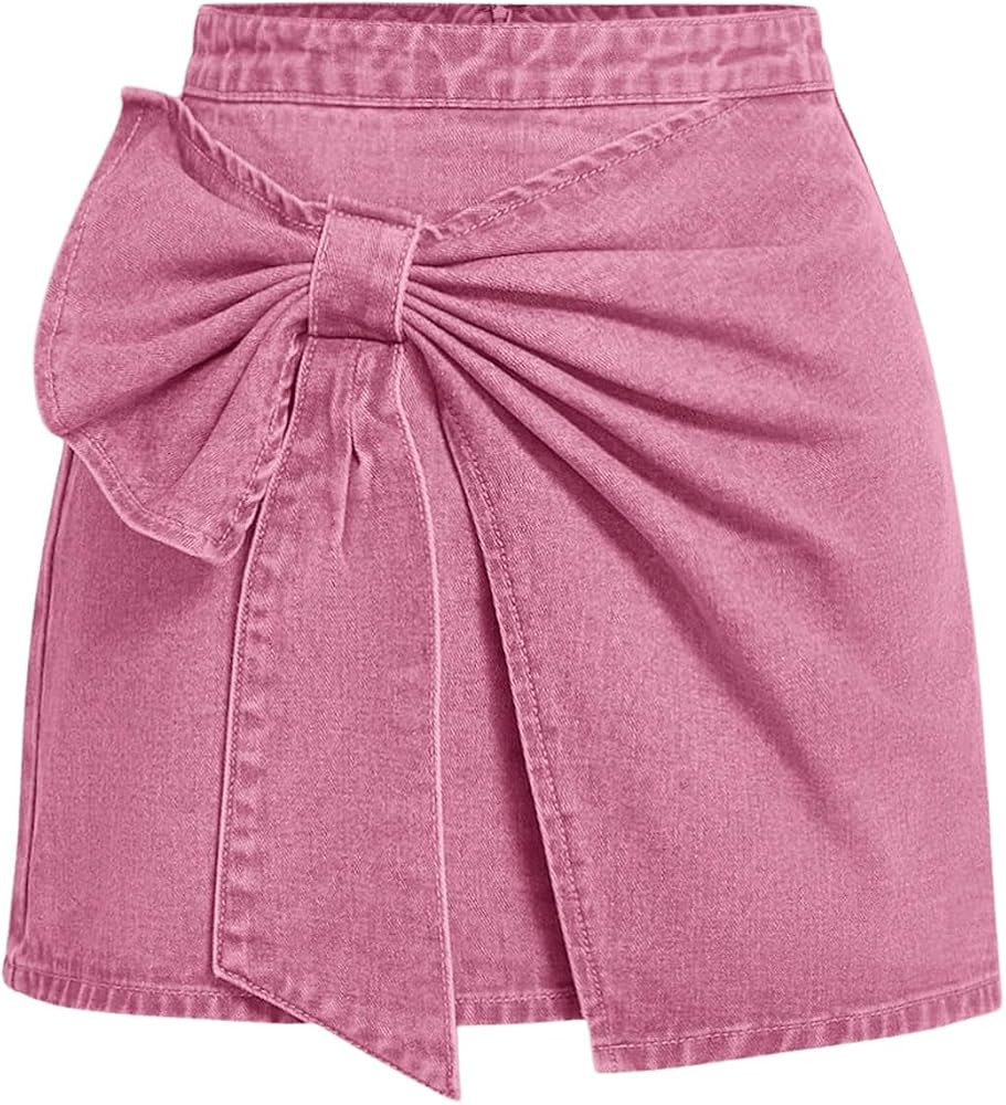 Floerns Women's Plus Size High Waist Denim Skirt Wrap Front Bow Bodycon Mini Skirt | Amazon (US)