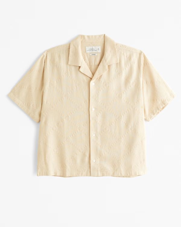 Camp Collar Cropped Summer Linen-Blend Embroidered Shirt | Abercrombie & Fitch (US)