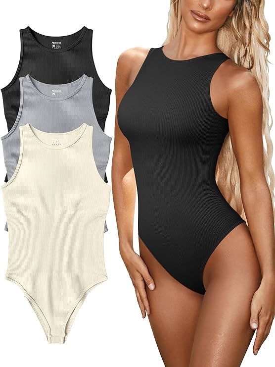 OQQ Women's 3 Piece Bodysuits Sexy Ribbed One Piece Sleeveless Halter Neck Bodysuits | Amazon (US)