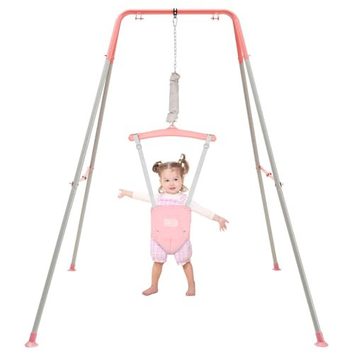 FUNLIO Baby Jumper with Stand for 6-24 Months, Infant Jumper for Indoor/Outdoor Play, Toddler Jumper for Baby Girl/Boy, with Adjustable Chain, Easy to Assemble & Store (with Stand) - Pink | Amazon (US)