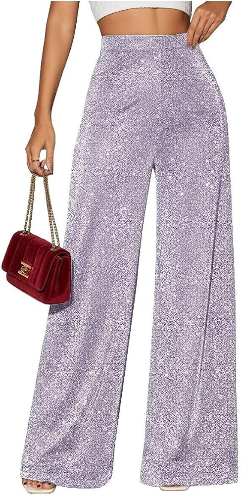 Sparkly Glitter Womens Pants Dressy Casual Pants for Women Shiny High Waisted Wide Leg Trousers | Amazon (US)