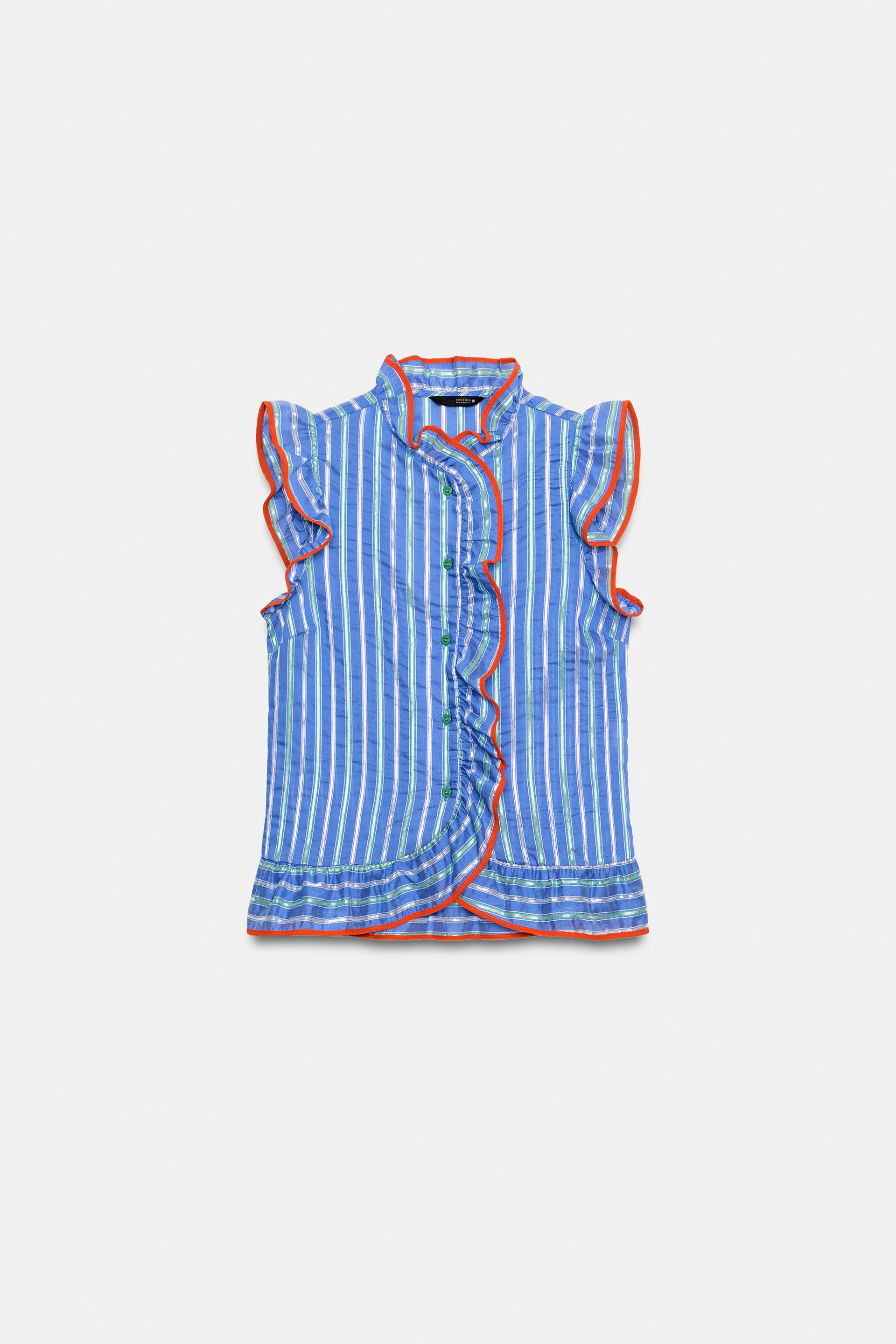 Zara - Striped Ruffle Shirt - Blue - M - Woman | Zara US