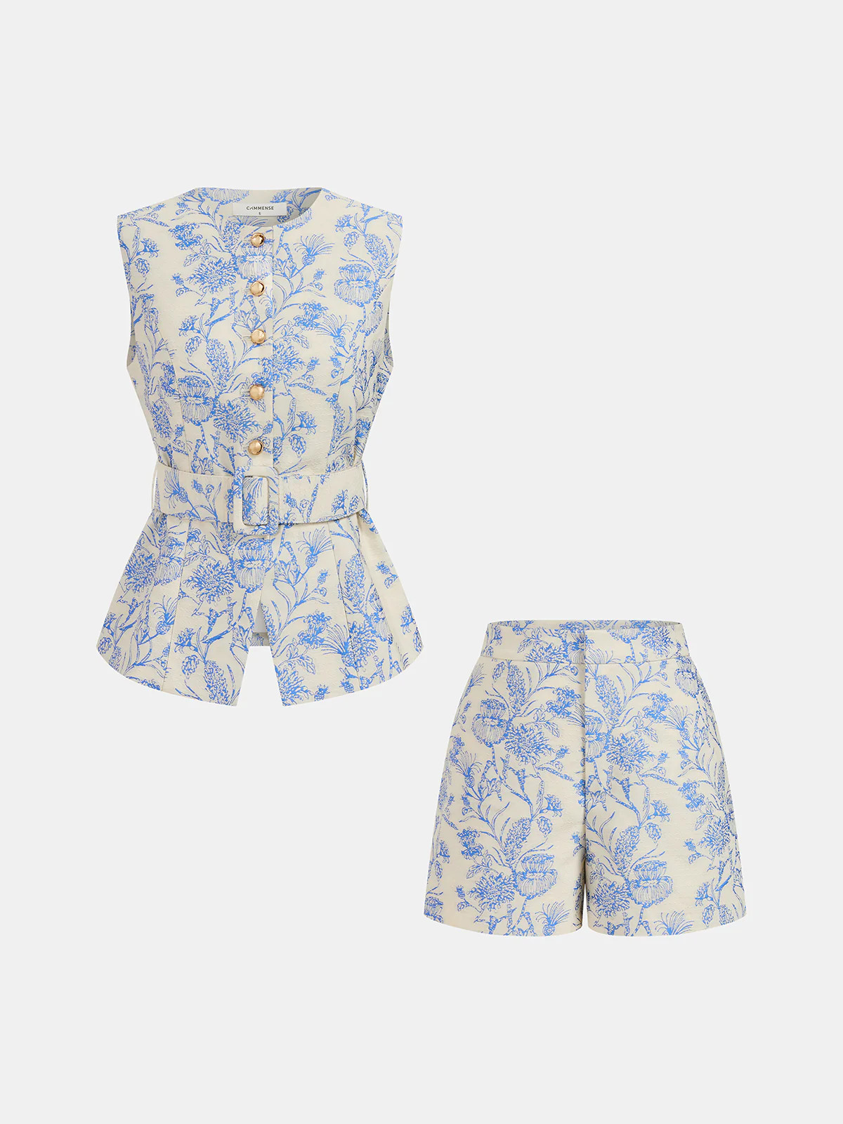 Belted Floral Jacquard Vest & Shorts Set | Commense