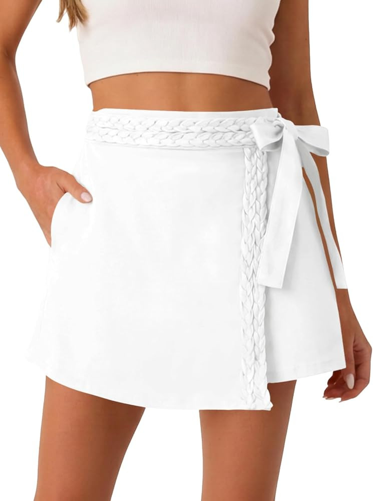Tankaneo Womens Wrap Mini Skirt Skort Summer Casual Braided High Waisted Bow Tie Skirt Shorts wit... | Amazon (US)