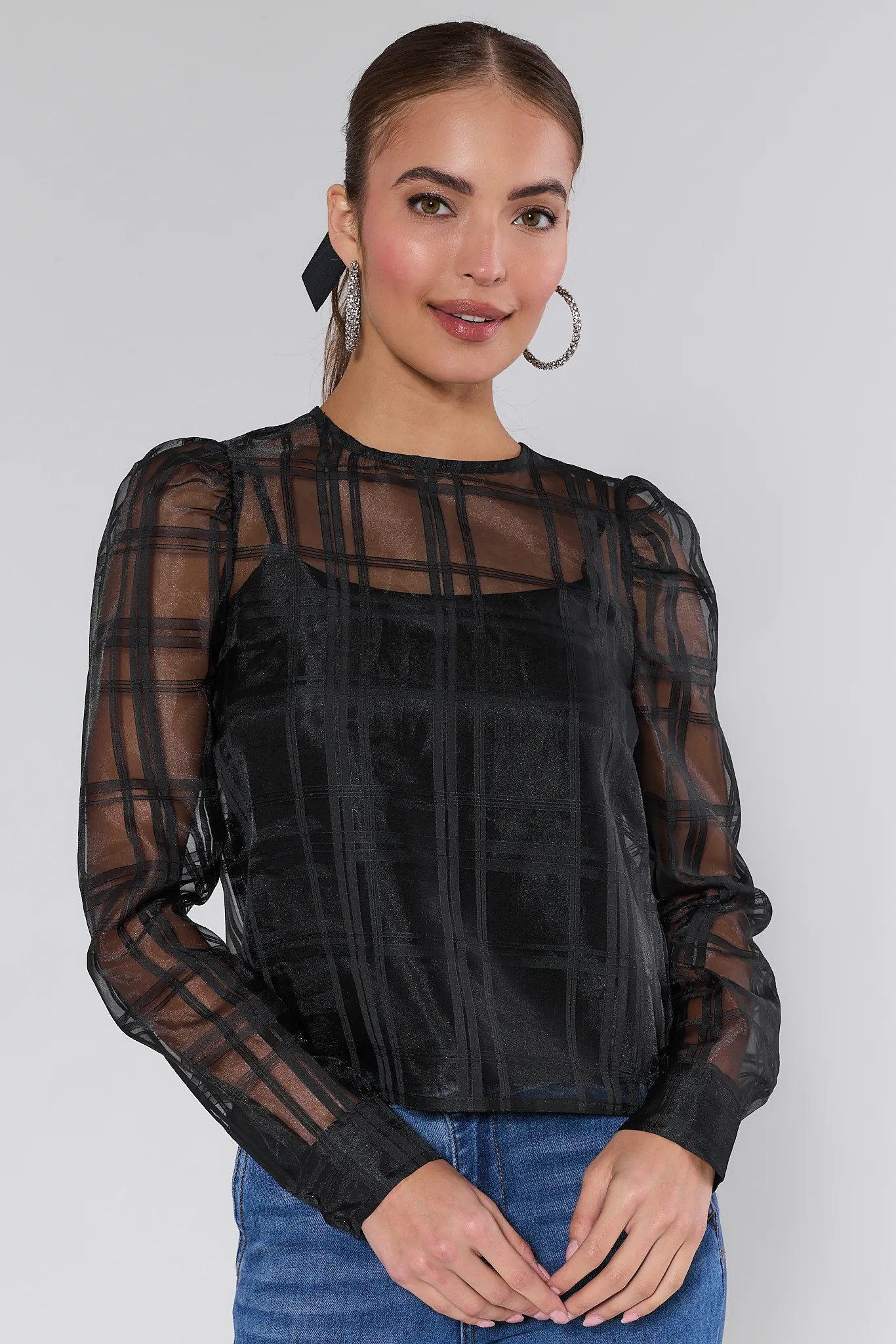Darcy Black Sheer Plaid Top | Avara