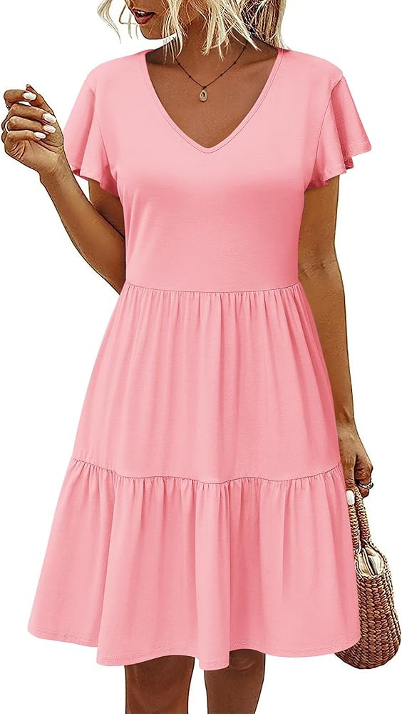 HOTOUCH Women's Casual Tiered Dress with Pockets V Neck Ruffle Dress Cap Sleeve Swing Mini Dress ... | Amazon (US)