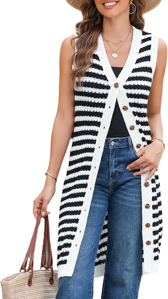 BLENCOT Women's V Neck Striped Fall Sweater Vest Causal Sleeveless Button Cardigan Midi Cover Up ... | Amazon (US)