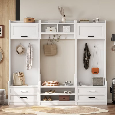 Okak 4-In-1 Detachable Hall Tree with Storage Drawers and Cabinet, Coat Rack with 7 Hooks and Shoe Bench, Storage Rack for Hallway, Entryway, White | Target