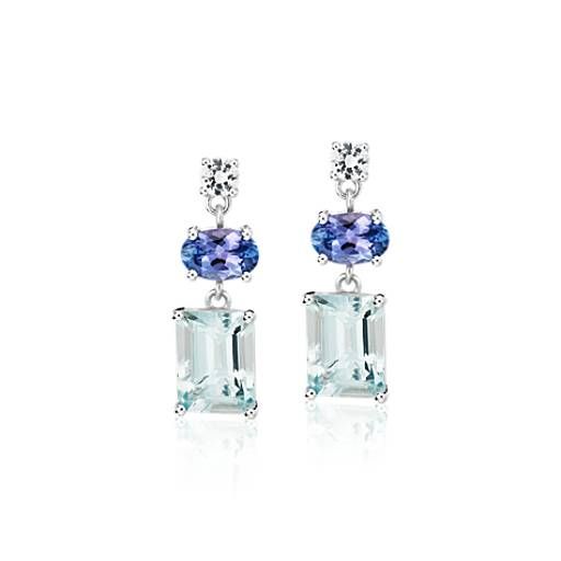 Aquamarine, Tanzanite, and White Sapphire Mixed Shape Drop Earrings in Sterling Silver | Blue Nil... | Blue Nile