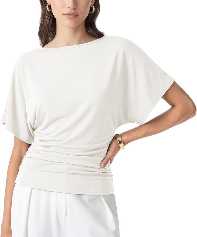 SeeLuNa Casual Womens Tops Boat Neck Pullover Shirts Batwing Short Sleeve Side Ruched Tunic Corse... | Amazon (US)
