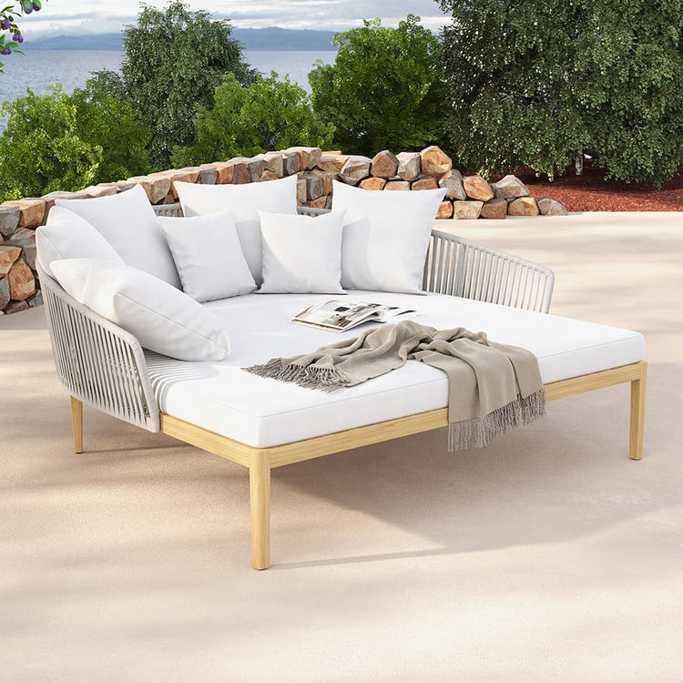 Modern Rattan & Metal Outdoor Patio Daybed White & Gray with Cushion Pillow | Homary