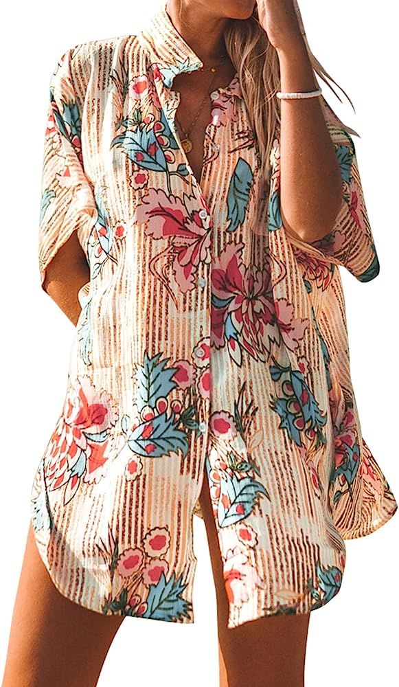 CUPSHE Women's Floral Stripe Print Buttoned Short Sleeve Cover Up | Amazon (US)