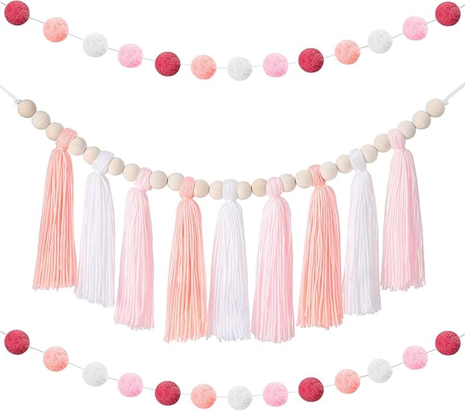 Boho Tassel Garland Tassel Wall Hanging Decor Pastel Tassel Banner with Wood Beads and 2 Pieces C... | Amazon (US)