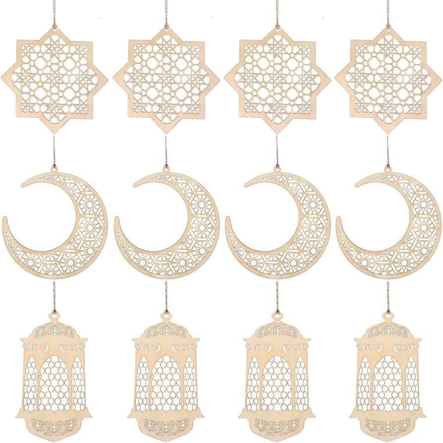 Willbond 12 Pcs Wood Eid Al Adha Decoration Mubarak Wooden Ornaments Mubarak Hanging Hollow Penda... | Amazon (US)