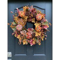 Realistic Fall Wreath With Pumpkins, Autumn Front Door | Etsy (US)