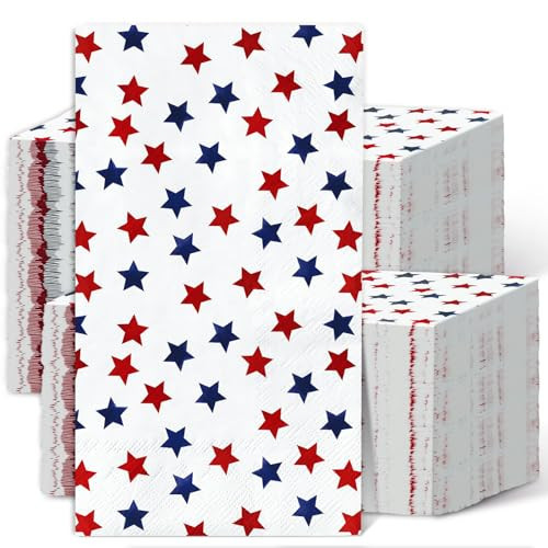 AnyDesign 200Pcs Patriotic Guest Napkins American Red Blue Stars Disposable Napkins Independence Day Hand Paper Towel Napkins for Bathroom July 4th Party Supplies Table Decor | Amazon (US)