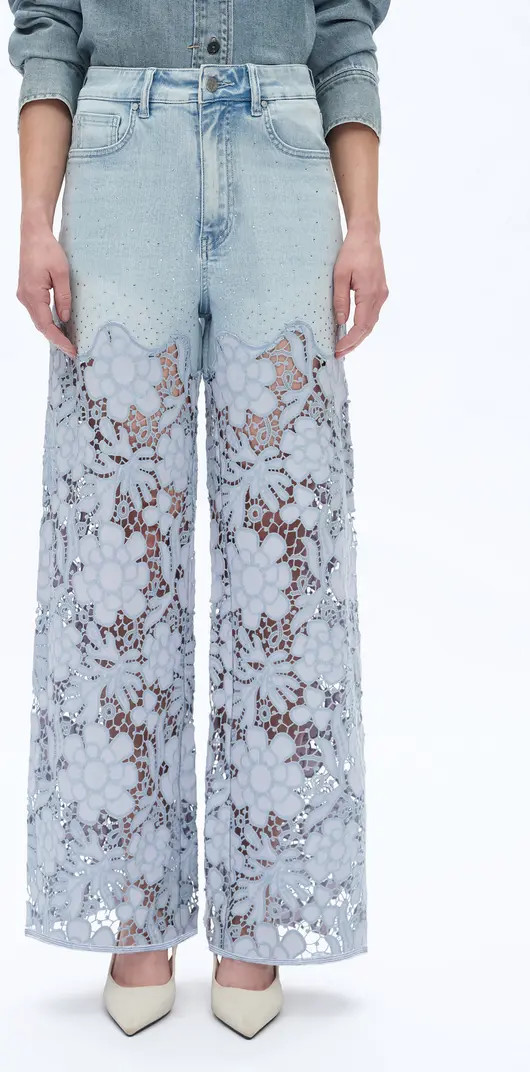 Crystal Embellished Lace Wide Leg Jeans | Nordstrom
