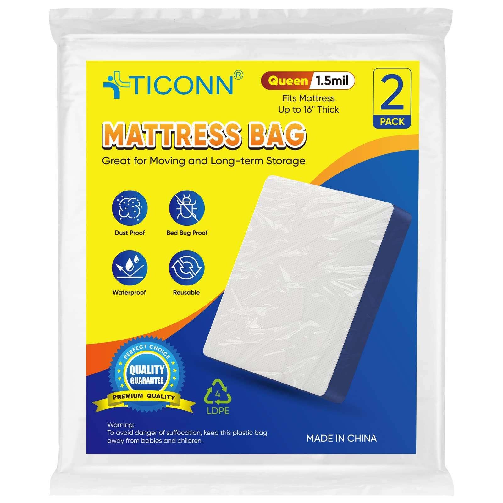 TICONN 2PK Plastic Mattress Bag for Moving Storage, Waterproof Mattress Protector Cover, Heavy-Du... | Amazon (US)