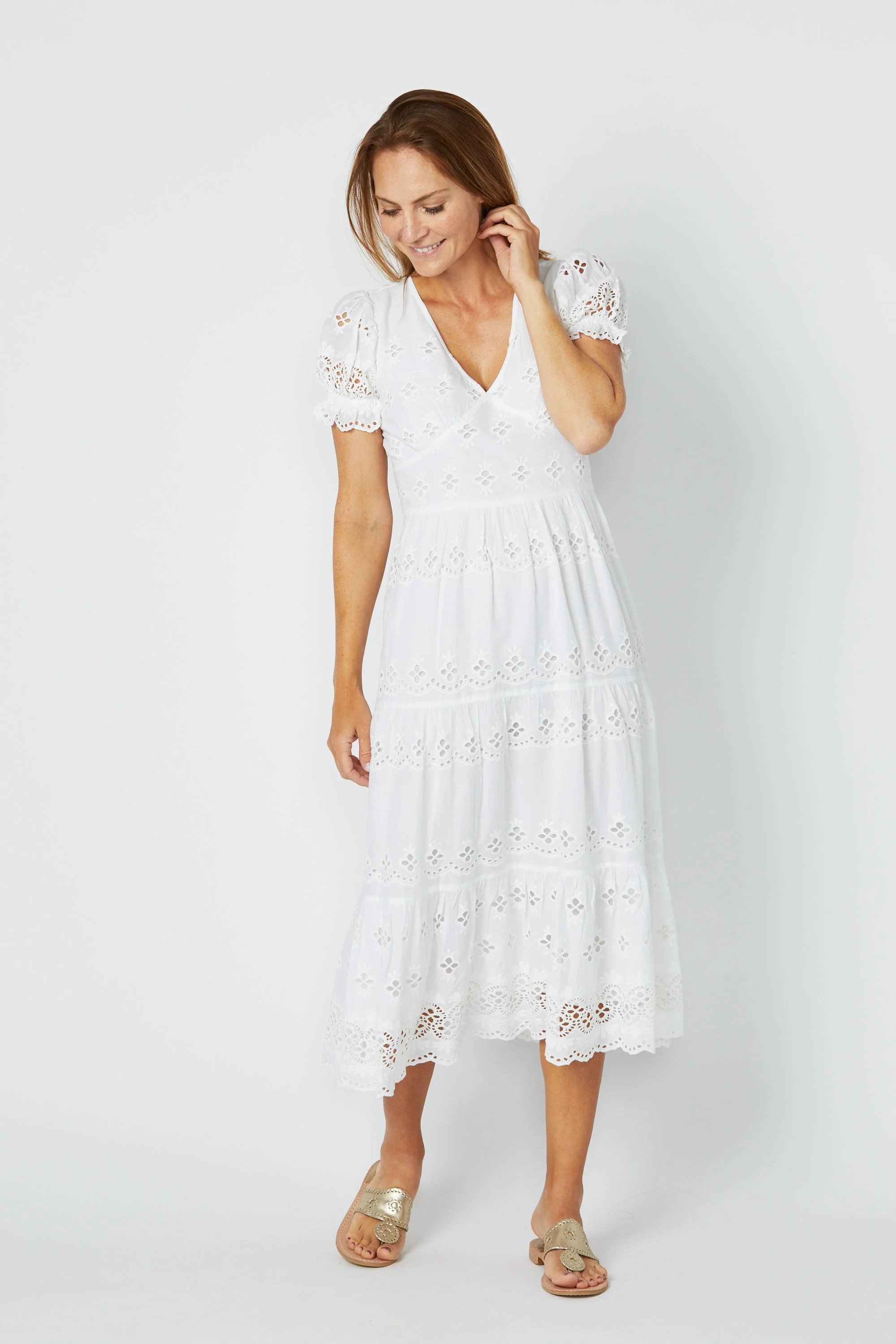 White Eyelet V-Neck Puff Sleeve Midi Dress | Sail to Sable