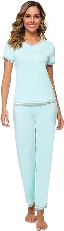 WiWi Womens Bamboo Viscose Pajamas Set Short Sleeve Tops with Pants Pjs Soft V Neck Sleepwear Lig... | Amazon (US)