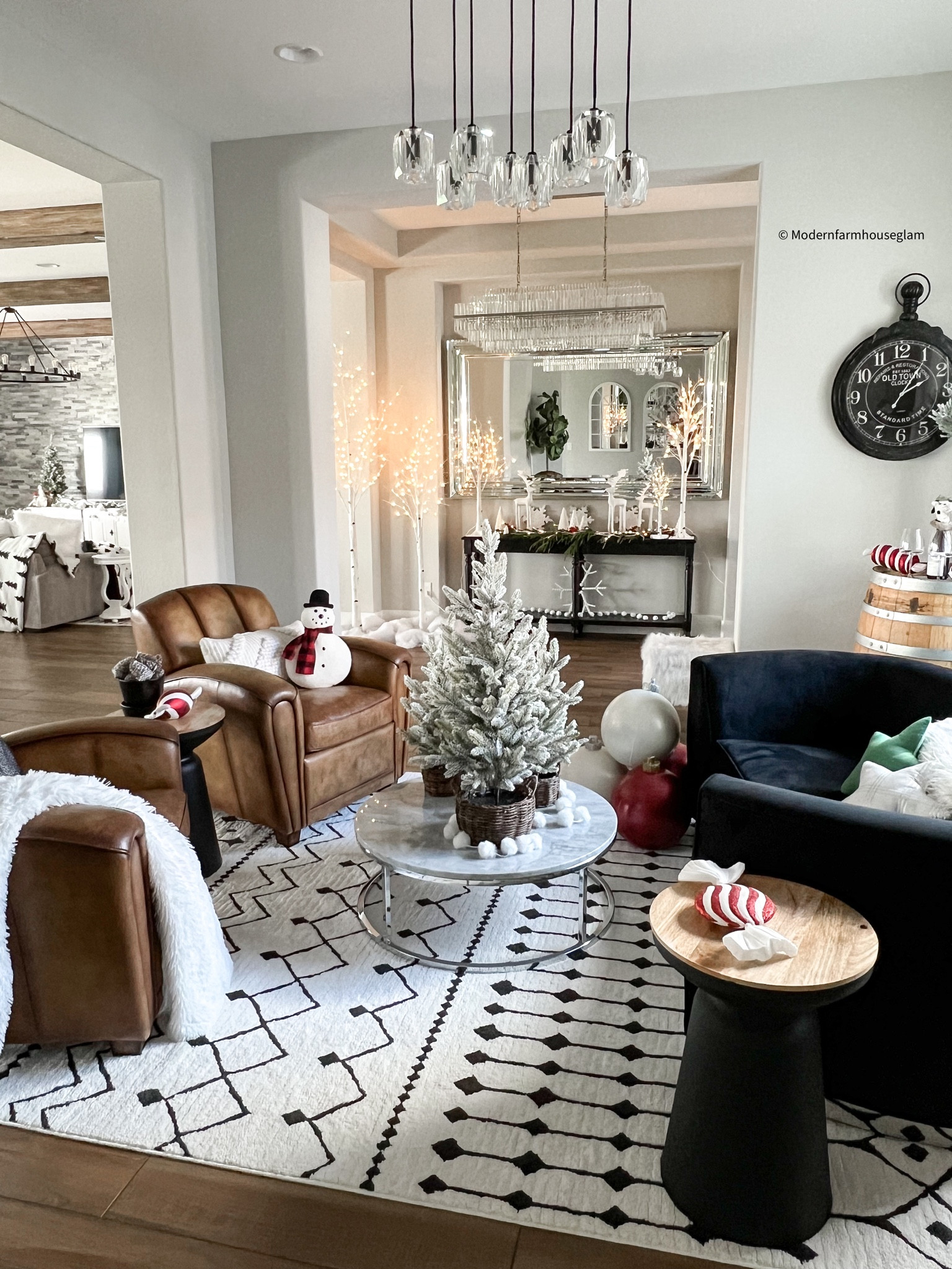 Barrel Room at Modern Farmhouse Glam 
Furniture, rug, black velvet, loveseat, brown leather chairs, lighting chandelier, coffee table, marble, wine barrel, peppermint, candy, Christmas ornaments, Christmas trees, flocked trees, mirror, clock home decor pottery barn Amazon wayfair 

#LTKhome #LTKsalealert #LTKGiftGuide