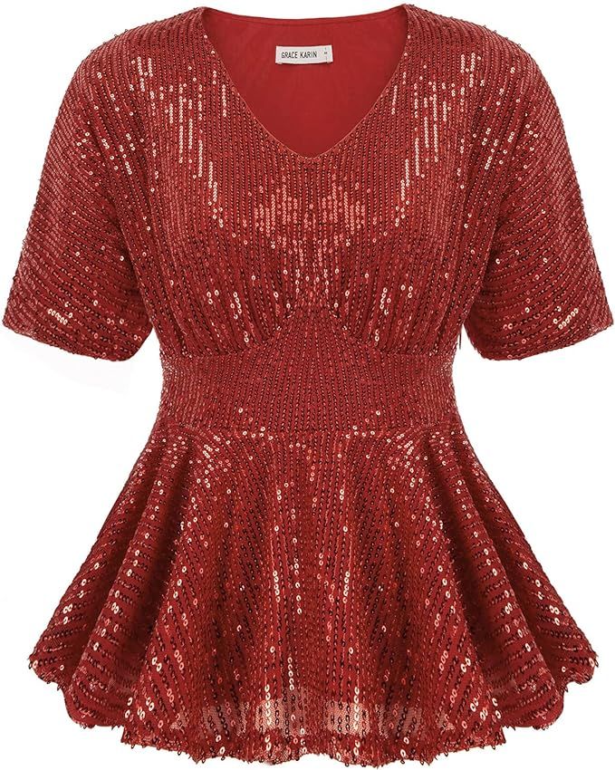 Women's Party V-Neck Short Sleeve Shiny Sequins Defined Waist Blouse Red S at Amazon Women’s Cl... | Amazon (US)