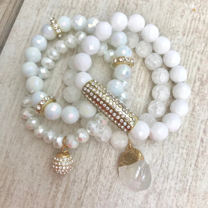 Khaleesi, bracelet stack, white, gold, bracelets, glam bracelets, womens bracelets, bridal jewelr... | Etsy (US)