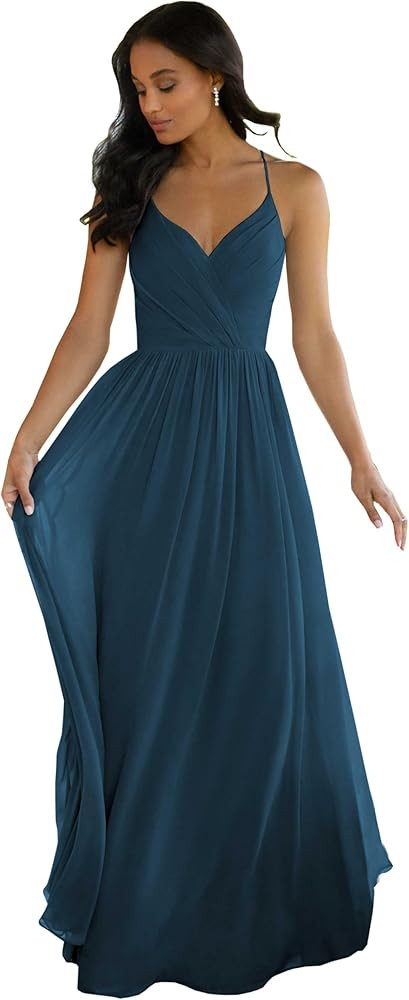 Women's V Neck Bridesmaid Dreses Long for Wedding A-Line Chiffon Open Back Formal Gown with Pocke... | Amazon (US)