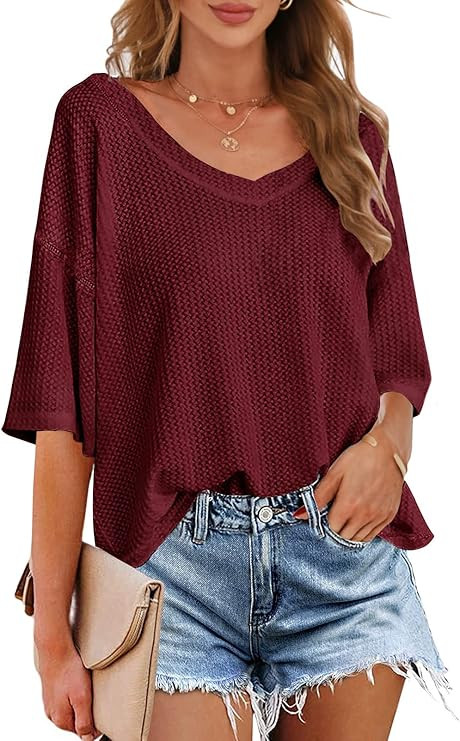 MEROKEETY Women's V Neck Batwing Half Sleeve Shirts Waffle Knit Loose Blouse Solid Color Tops | Amazon (US)