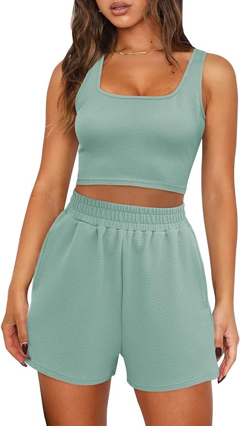 Trendy Queen Womens Two Piece Outfits Lounge Matching Sets 2 Piece Summer Casual Crop Top and Sho... | Amazon (US)