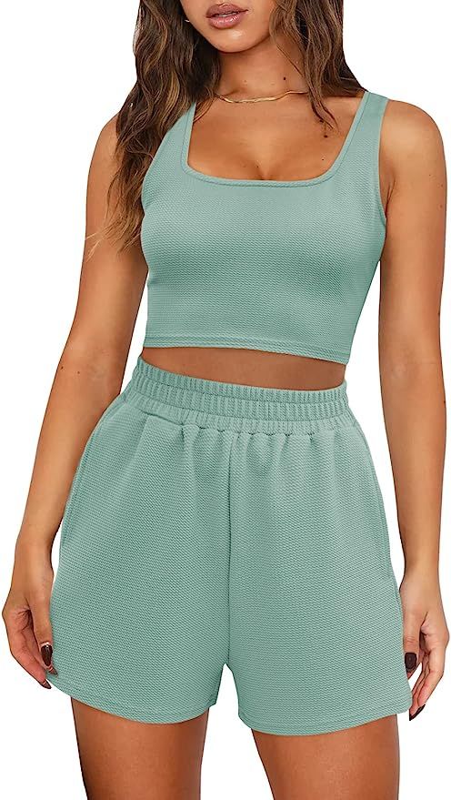 Trendy Queen Womens Two Piece Outfits Lounge Matching Sets 2 Piece Summer Casual Crop Top and Sho... | Amazon (US)
