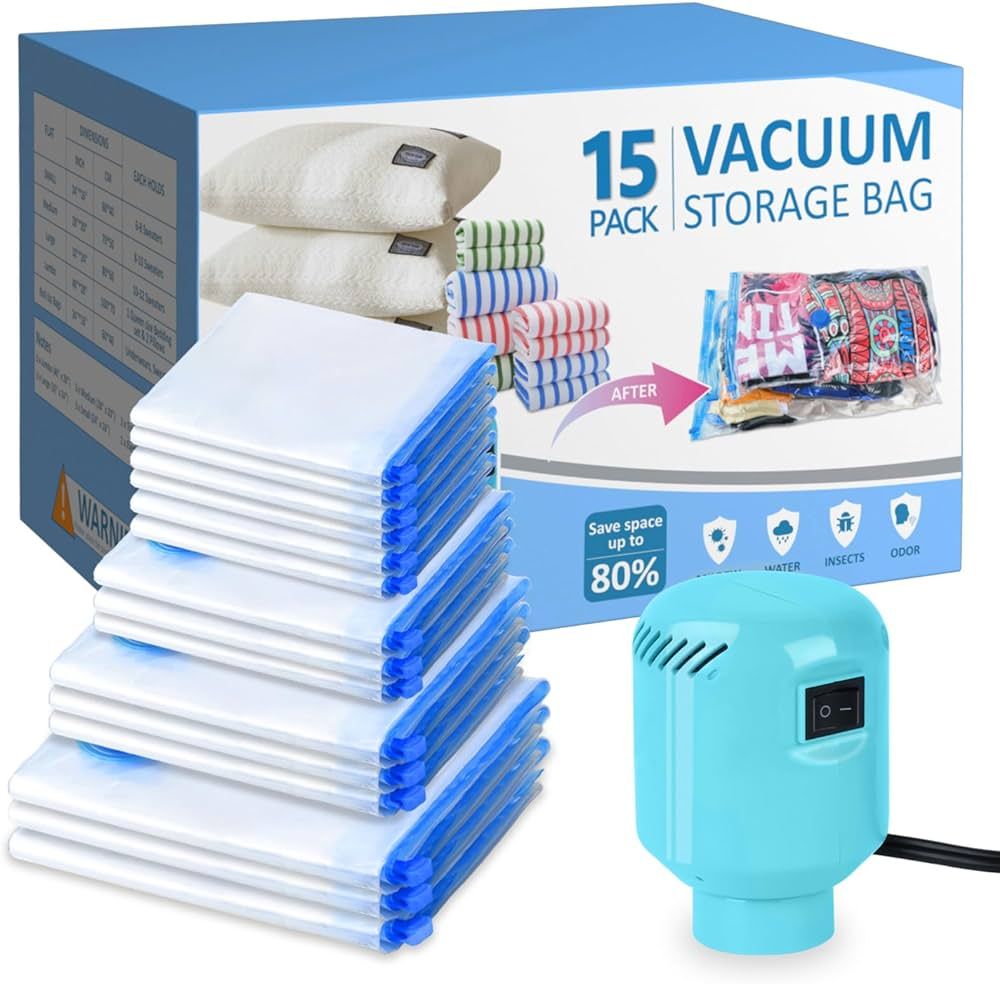 15 Pack Vacuum Storage Bags with Electric Air Pump, (3 Jumbo/ 3 Large/ 3 Medium/ 3 Small/ 3 Roll)... | Amazon (US)