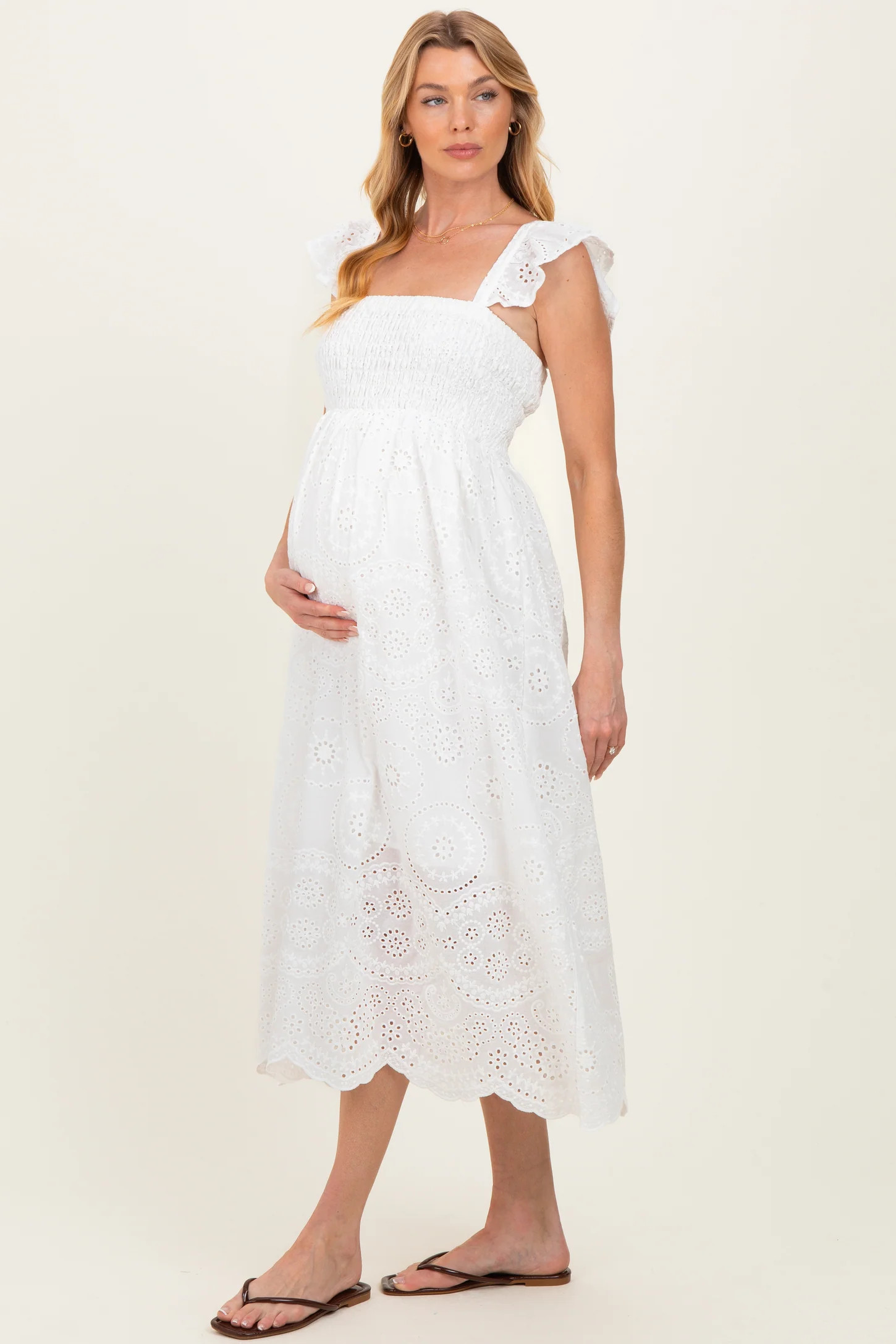 White Embroidered Smocked Cutout Maternity Midi Dress | PinkBlush Maternity