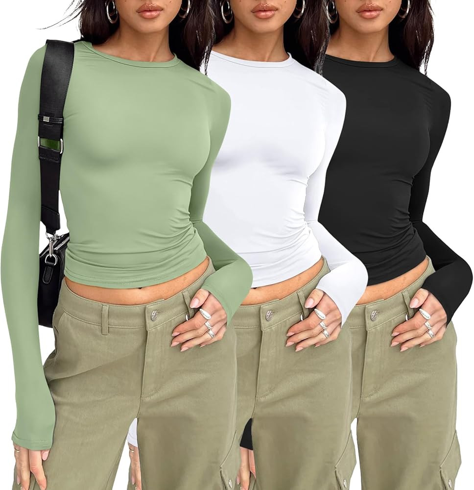 AUTOMET 3 Pack Womens Long Sleeve T Shirts Fall Fashion Basic Going Out Crop Tops Slim Fitted Win... | Amazon (US)