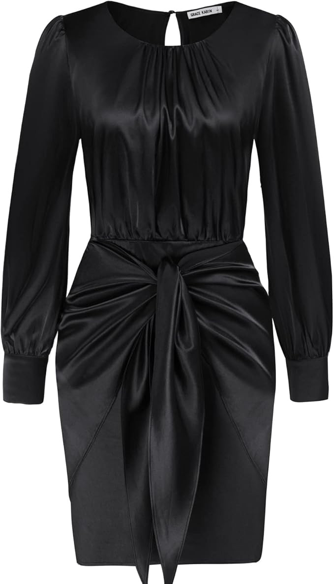 GRACE KARIN Womens Satin Long Sleeve Dress Tie Wrap Ruched Cocktail Dresses Wedding Guest Dresses | Amazon (US)