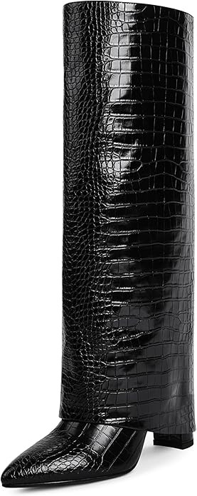Modatope Knee High Boots Women Fold Over Knee High Boots Chunky High Heels Long Boots Zipper Poin... | Amazon (US)