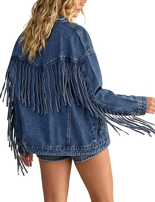 Women Oversized Fringed Jean Jacket Fall Denim Western Outfits | Amazon (US)