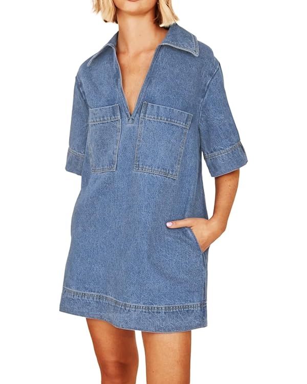 Women Blue Denim Dress Summer Deep V Half Sleeve Casual Loose Collared Shift Mini Jean Dress with... | Amazon (US)