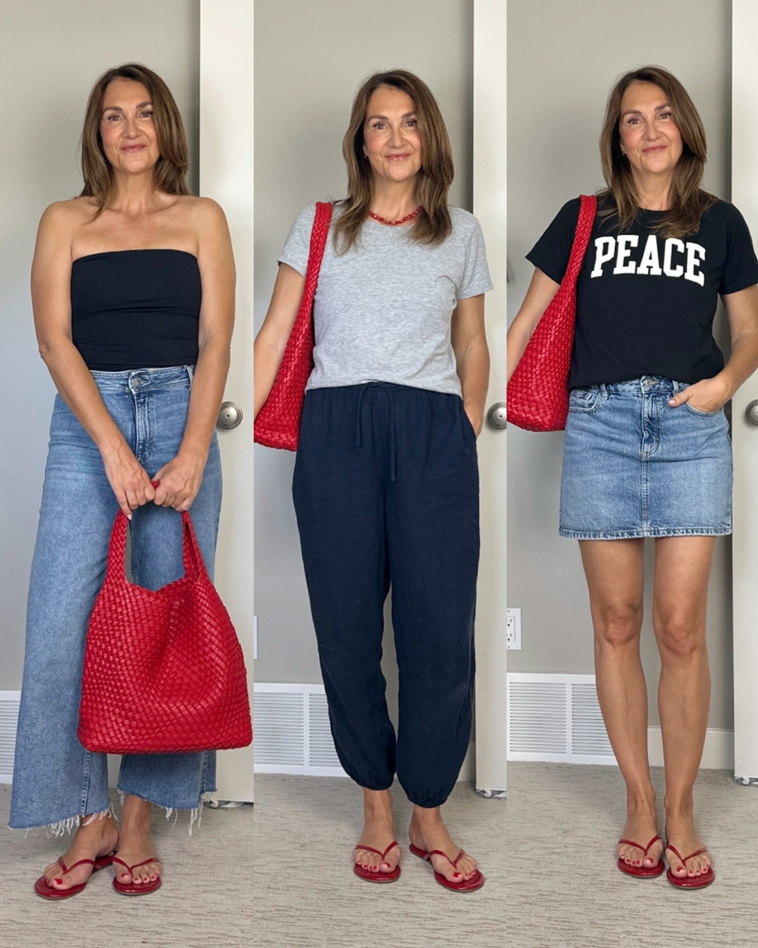 Summer uniforms that never fail me: a red bag and red flip flops! Pops of red is a huge trend for summer and so is flip flops! 
Linked what I could, everything fits tts

#LTKootd #LTKSeasonal
