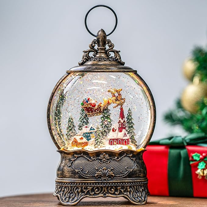 Christmas Village Snow Globe Lighted Flying Santa Scene, Musical Snow Water Lantern Swirling Glit... | Amazon (US)