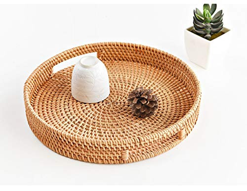 DECRAFTS Round Rattan Serving Tray Decorative Woven Ottoman Trays with Handles for Coffee Table N... | Amazon (US)