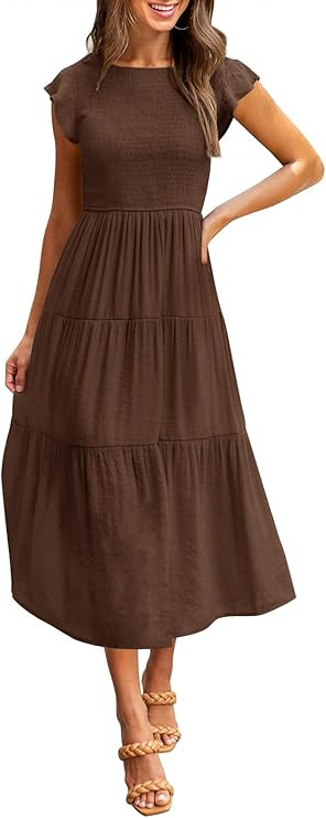 MEROKEETY Women's Flutter Short Sleeve Smocked Midi Dress Summer Casual Tiered A-Line Dress | Amazon (US)