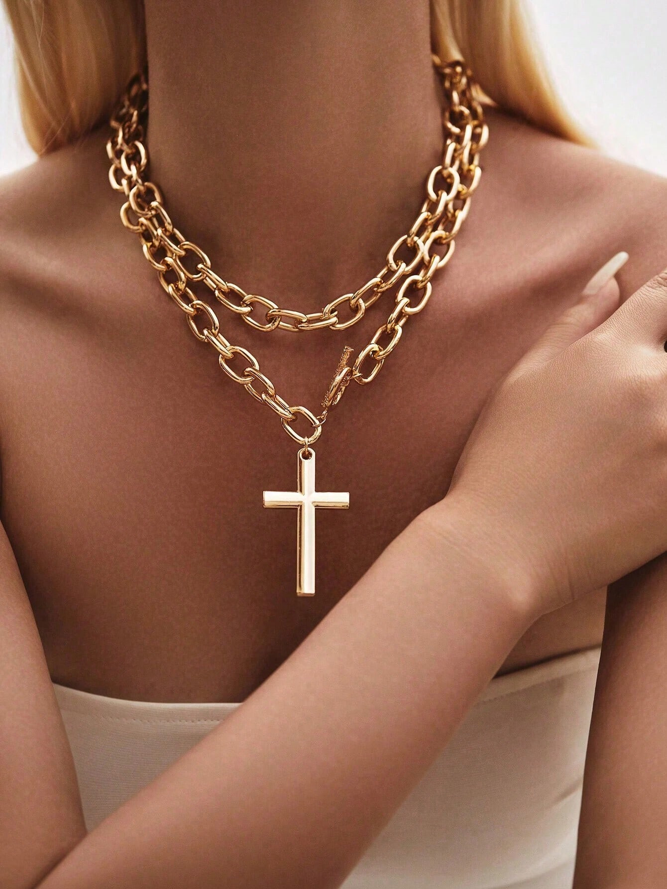 1pc Chunky Jewelry Classic Trendy Cross Pendant Sweater Chain, Metal Feel Double Layer Wrap Aroun... | SHEIN